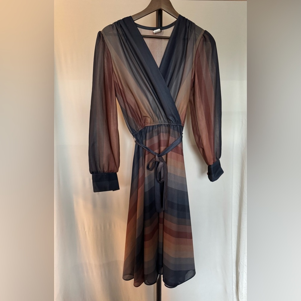 Ajax Sheer Striped Midi Dress in Navy and Rust with waist belt